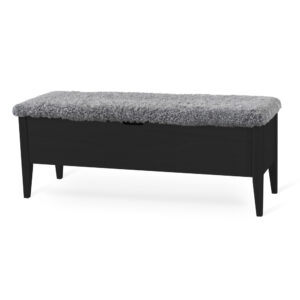 KLINTE bänk 120 cm svartlack med äkta fårskinn