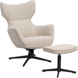 Jenkins fåtölj+fotpall beige tyg/svart metall snurr, gung