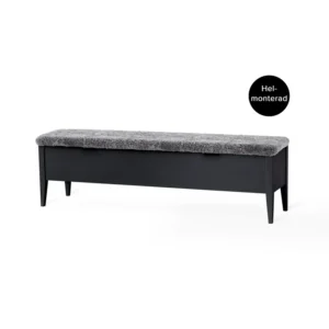 KLINTE bänk 160 cm svartlack med äkta fårskinn grå