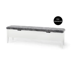KLINTE bänk 160 cm vitlack med äkta fårskinn grå