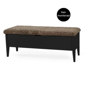KLINTE bänk 120 cm svartlack med äkta fårskinn beige