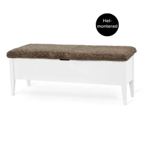 KLINTE bänk 120 cm vitlack med äkta fårskinn beige