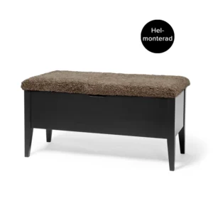 KLINTE bänk 90 cm svartlack med äkta fårskinn beige